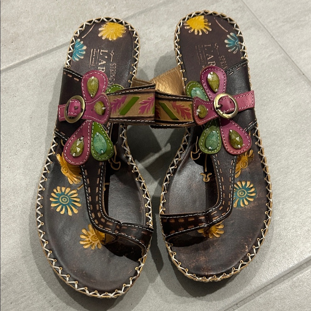 Leather Slide Sandals with Floral Accents